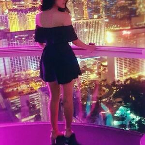 EUC Fashion Nova Elegant Navy Blue Off-Shoulder mini Romper w/ruffle and pleats